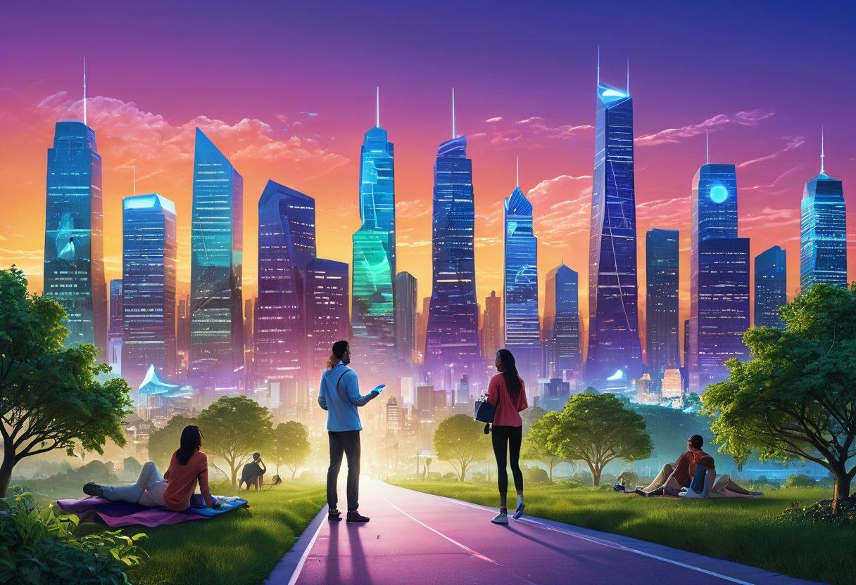 A futuristic landscape depicting a diverse group of people interacting with digital interfaces showcasing various insurance options. In the background, a city skyline blends technology with nature, symbolizing progress and innovation in the insurance industry. Bright and inviting colors to evoke optimism about the future of coverage and solutions. Include icons representing health, auto, and home insurance floating in the air. digital art. vibrant colors. 3D.