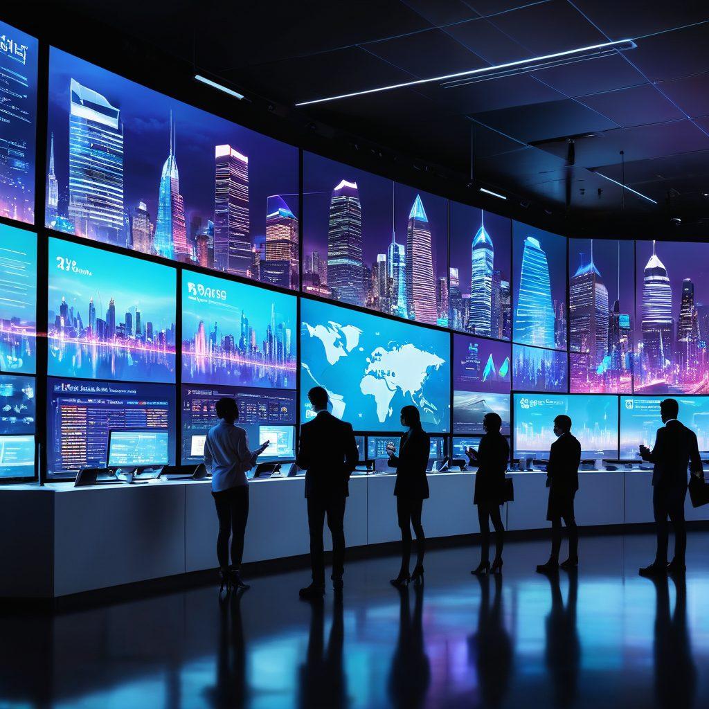 A futuristic digital landscape featuring diverse individuals interacting with holographic insurance quotes and services, showcasing vibrant screens with data analytics, graphs, and icons of technology. Include elements like smart devices, a city skyline in the background, and a sense of innovation and connectivity. The color scheme should be bright and engaging, emphasizing technology's role in the insurance industry. cyberpunk. vibrant colors. 3D.